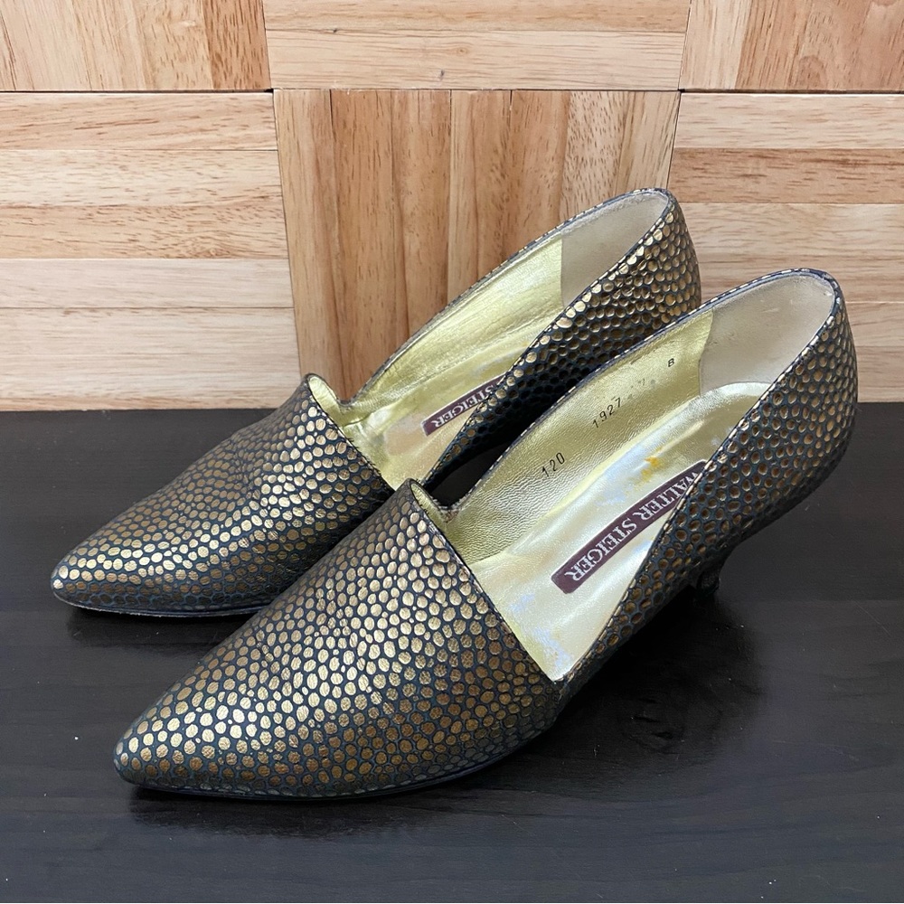 Vintage WALTER STEIGER Gold Foiled Polka Dot Suede Leather Pointy Low Heels Sz 7